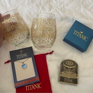 Titanic Museum souvenir set with Gold Accent Wine Glasses, heart of the ocean